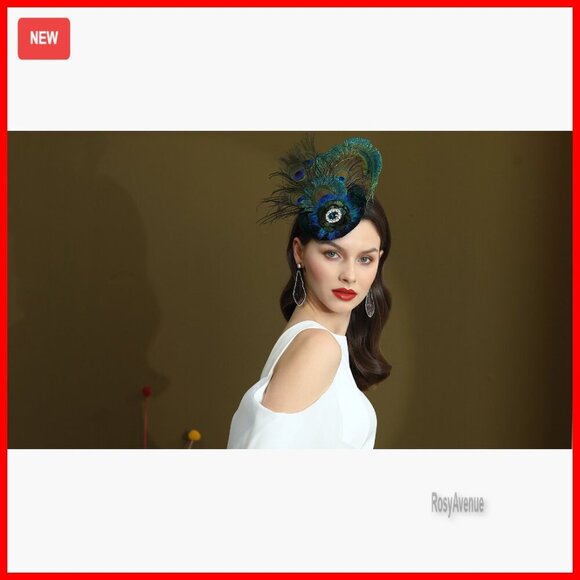 Peacock Feather Fascinator Hat with Rhinestones for Derby Tea Party